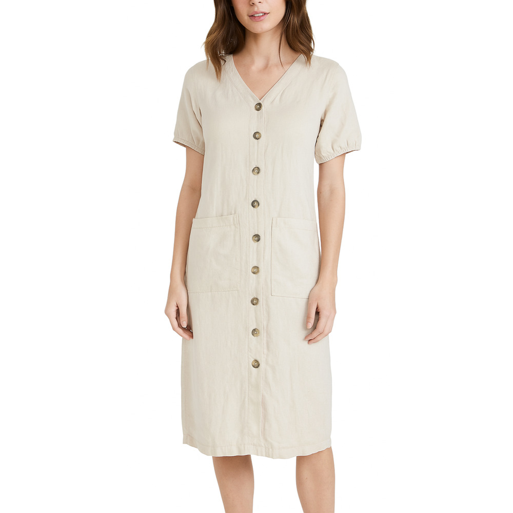 NWT Lou & Grey 100% Linen Dress Midi Maxi SS Tan Beige Button Front Size XXS - Picture 1 of 11